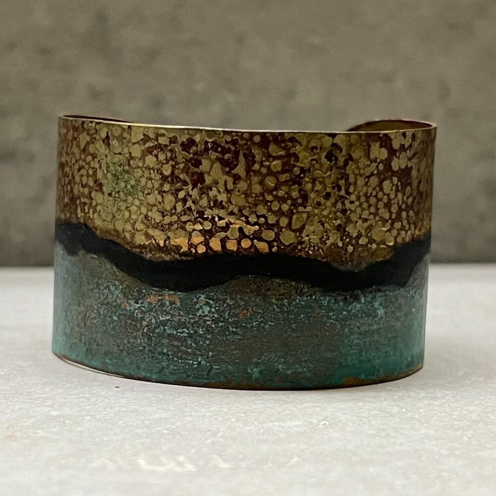 Vintage Sundance Catalog Teal, Black and Gold Metal Cuff Bracelet, One Size